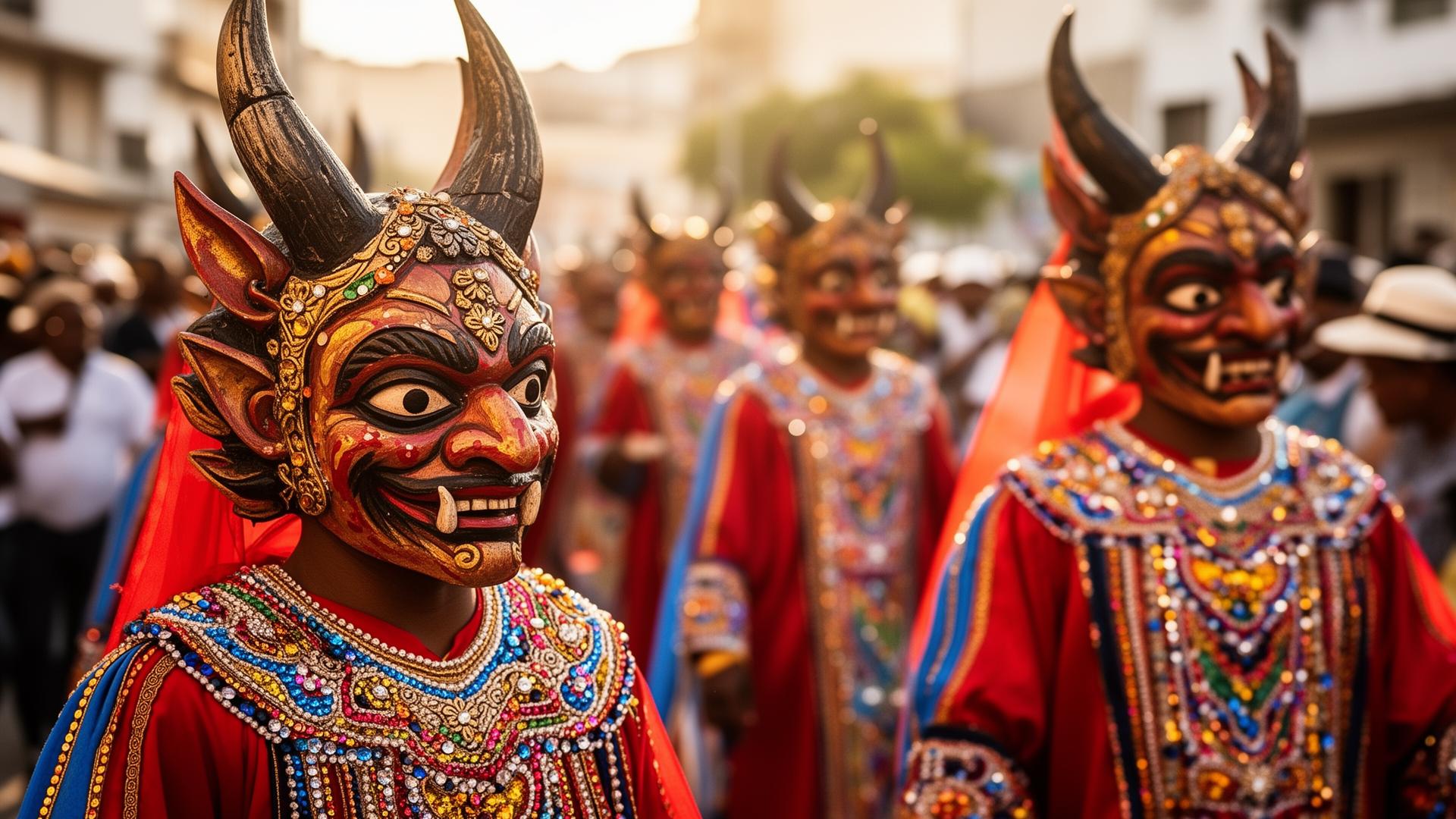 Diablos Cojuelos performers in handcrafted masks at the Carnaval de La Vega